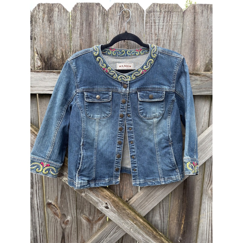 VTG A.M.I. Womens Denim Jacket Blue Medium Wash Beaded Embroidered Size L Y2K